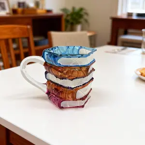 Creative 3D Stacked Book Ceramic Coffee Mug, Colorful Novelty Book Cup for Literature Lovers, Unique Gift for Friends & Family, Size 3.35 × 2.95 × 4.72 in