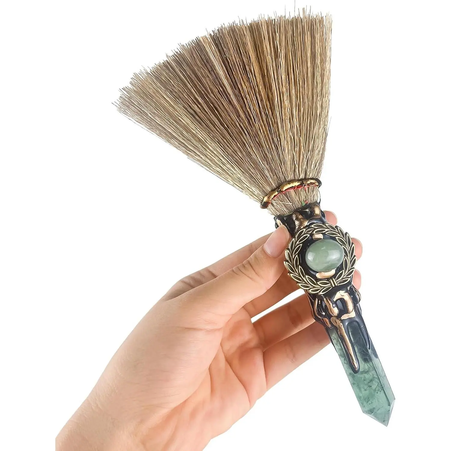 Green Crystal Witch Broom Home Supply - Wiccan Altar Decor Tool with Natural Stone Crystal Wand, Halloween Decor, Meditation Accessory, Home Ornament, Ceremonial Accessory