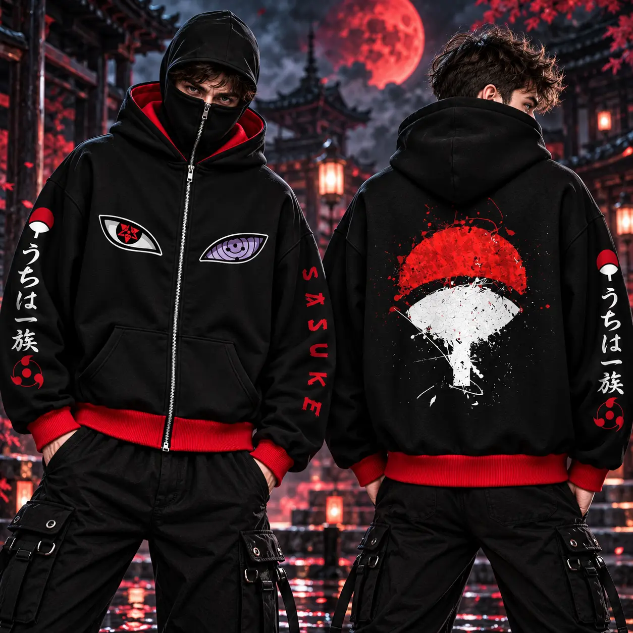 Anime Ninja Full Zip Balaclava Hoodie, Built In Face Mask Zip Up Jacket, Red Black Mystical Eye Graphic Sweatshirt, Japanese Inspired Warrior Streetwear, Oversized Unisex Y2K Cosplay Hoodie for Men Women