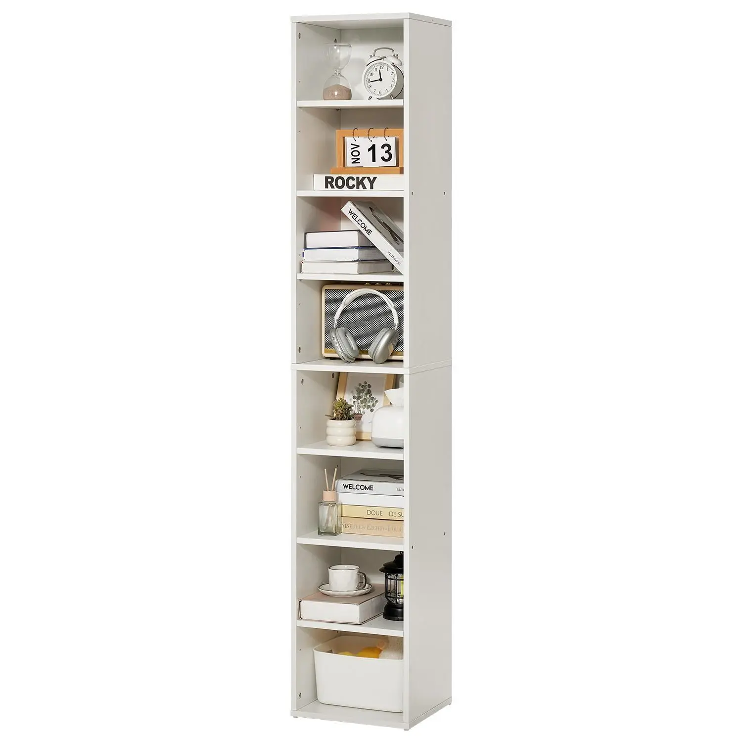 【summerfinds】VEVOR Modern 8-Tier Narrow Wooden Tall Open Bookcase, 71 in Freestanding Storage with Height-Adjustable Shelf, for Bedroom, Living Room Use, White (DealsForYouDays), Modern Bookshelf