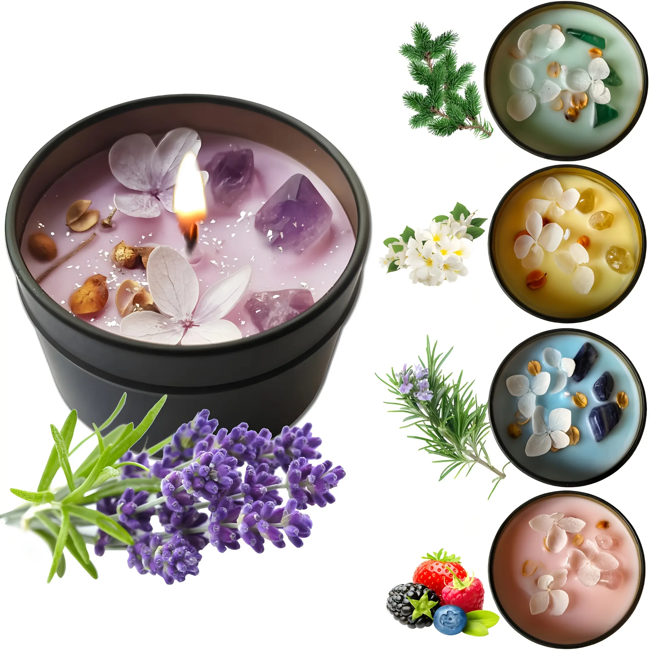 Soy candles, aromatherapy candles, rich aroma, including lavender, cedar, rosemary, jasmine and berry scented candles, cute colors, inlaid with crystals and petals, suitable for home decoration, is a gift for lovers, friends, and various festivals