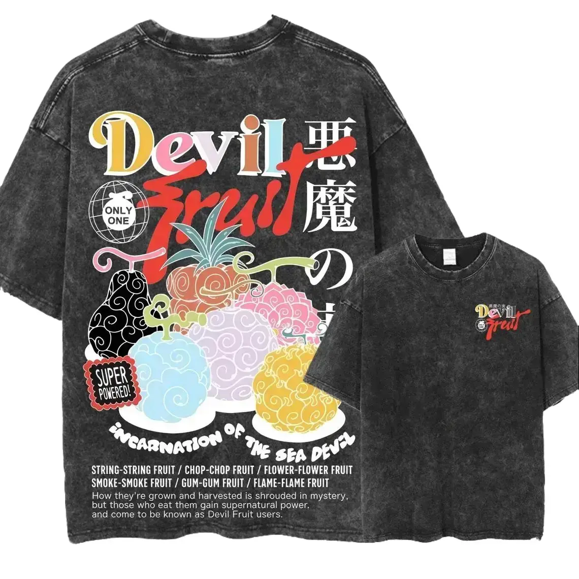 Men's Short-Sleeve Oversized Vintage Acid Wash One Piece Devil Fruit Anime Graphic T-Shirt, Retro Manga Merch