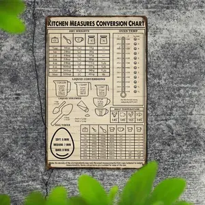 Vintage Iron Kitchen Conversion Chart Sign Featuring Rustic Metal Design with Cooking Measurements Liquid Temperature Guide and Baking Chart Dustproof Wall Decoration for Homes Cafes and Bars