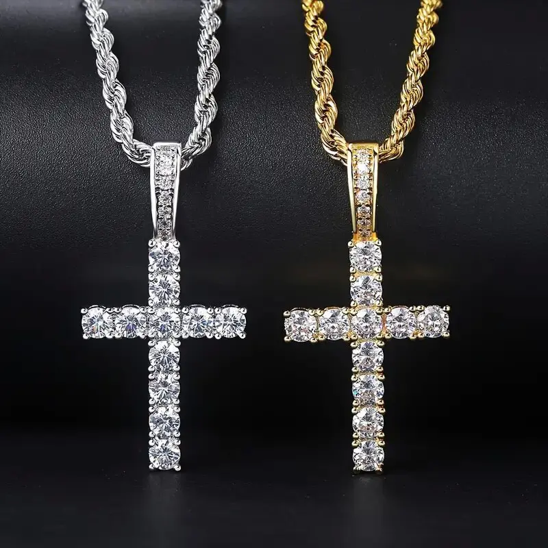 Full Diamond Cross Pendant Necklace for Men - HipHop Fashion Exquisite Costume Jewelry with Shiny Twisted Rope Basic Chain, Metal Coating, Includes Pendant, Casual Daily Wear Christmas Gift