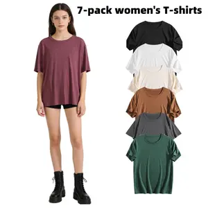 Women's 7-pack loose-fitting crew neck T-shirts, soft and breathable short-sleeved T-shirts, available in multiple colors. Top Summer Minimalist Basic Streetwear Womenswear Shortsleeve