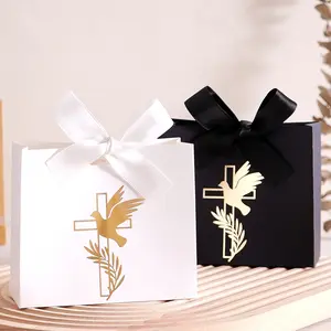 20pcs Retro Mini Gift Box With Cross, Dove, And Laurel Wreath Design, Gold And Black Foil Accents, Satin Ribbon Bow, Perfect For Baptisms, Christenings, First, And Church Events, Elegant Favor Box For Small Gifts And Treats