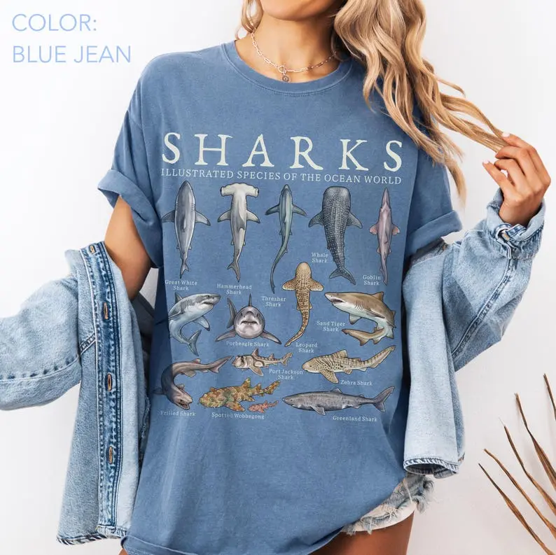Comfort Colors Vintage Shark Species Shirt - Retro Marine Life Graphic Tee,Ocean Biology Chart T-Shirt, Educational Infographic Science Teacher Gift Unisex Top
