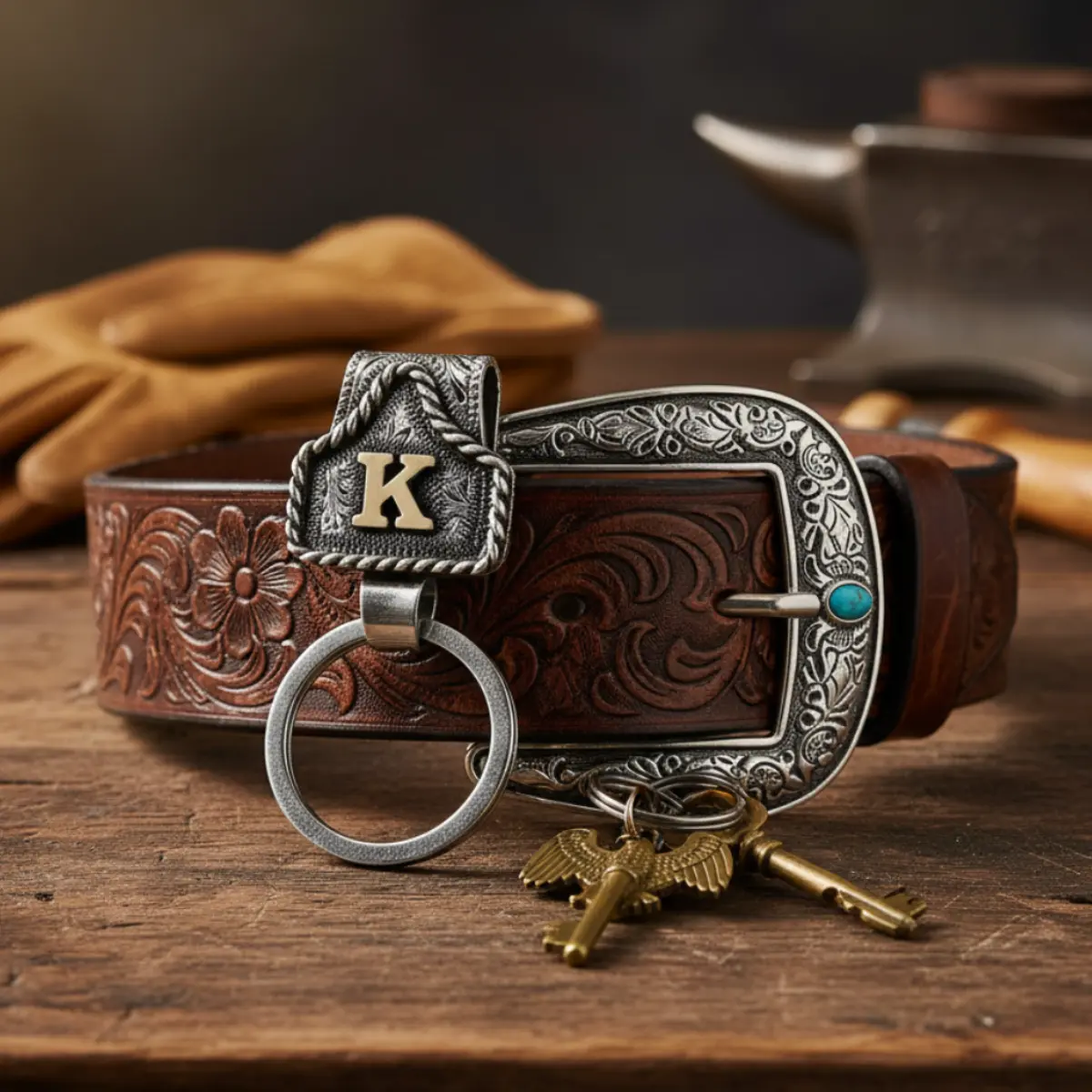 Handmade Cow Tag Belt Key Holder with Copper Letters - Vintage Western Retro Styling, Adults' Western Decor, Key Holder for Purse, Texas-Inspired Belt/Bag Accessory & Gift