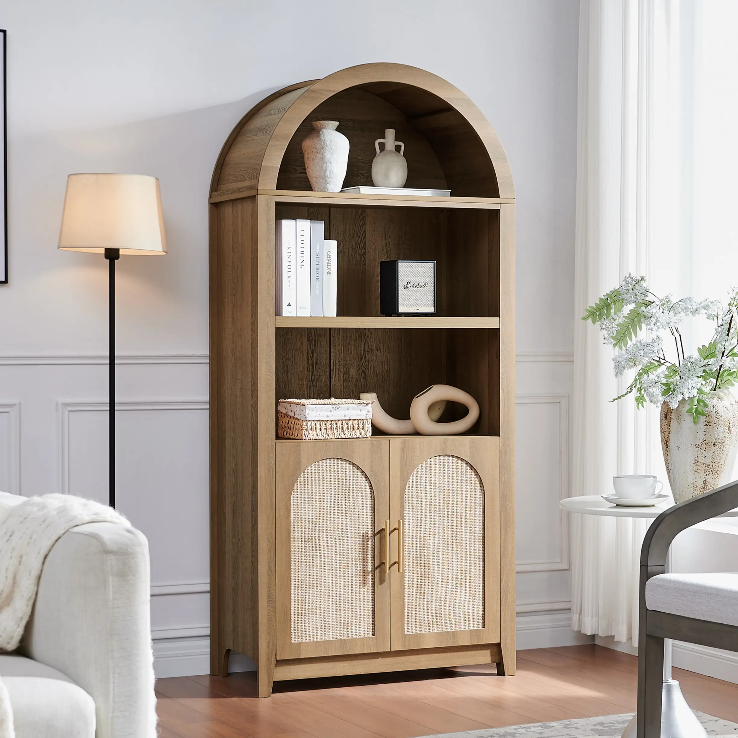Arched Cabinet Bookshelf Bookcase - 69.3” Tall Mid Century Arched Display Cabinet, Rounded Bookshelf with Rattan Doors, Open Shelf Storage for Dining