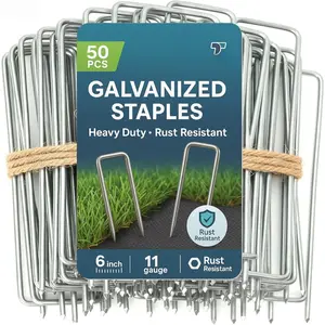 50 Pack 6 Inch Landscape Staples 11 Gauge Heavy Duty Garden Stakes, Galvanized Anti-Rust U-Shaped Ground Stakes for Yard Lawn, Weed Barrier Fabric, Irrigation Tubing, Sod, Fence, Tarpaulin
