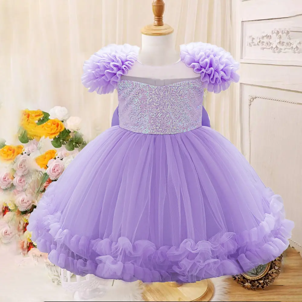 Kids Girl Floral Tulle Puff Dress Party Wear Christening Baptism Gown Cute Princess Style For Newborn/Infant Girls Tulle Puffy Dress Suitable For Birthday Party Event Holiday