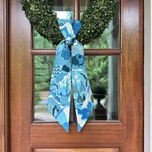 Chinoiserie Wreath Sash, Embroidered, Monogrammed, Heavyweight, Pagoda, Blue and White, Chinese, Asian Aesthetic, Rococo China, Decor, Bow