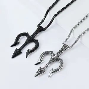 Hot selling retro Nordic mythology trident titanium steel necklace men's niche cultural accessories pendant