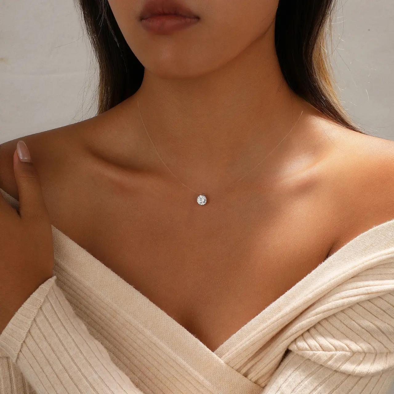 Women's Floating Cubic Zirconia Pendant Necklace on Invisible Transparent Cord, Minimalist Choker Adjustable Length, Everyday Layering Jewelry, For Woman,Gift,summeroutfits,vacationoutfits,beachoutfits