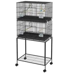 2-Tier Stackable Metal Bird Cage with Wheels & Stand - Vertical Breeding Aviary for Small Birds (Canaries, Finches), Space-Saving Indoor Housing with Removable Trays & Multiple Doors
