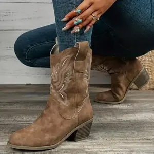 Comfortable women’s chunky heel cowboy boots, fashionable slip-on western boots