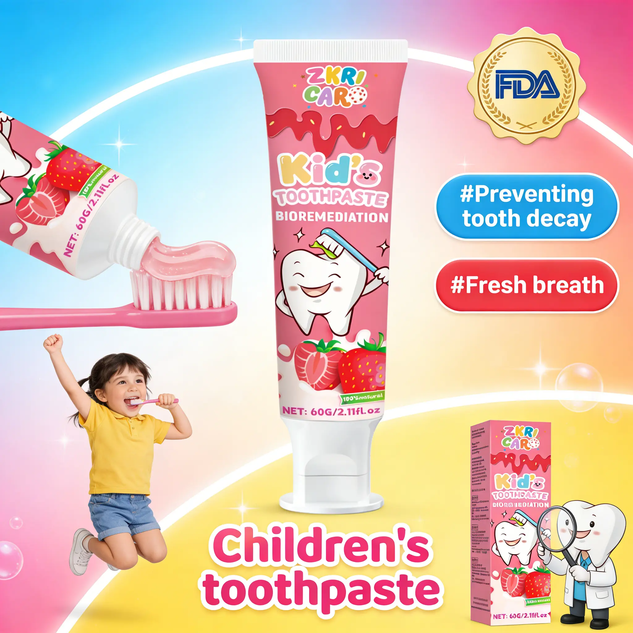 Kids' Happy Brushing Toothpaste! | Sweet fruity flavor kids love | Gentle fluoride for effective cavity prevention | Encourages lifelong oral hygiene habits | 60g Radiant Foam Foaming Whitening Foaming Whitening