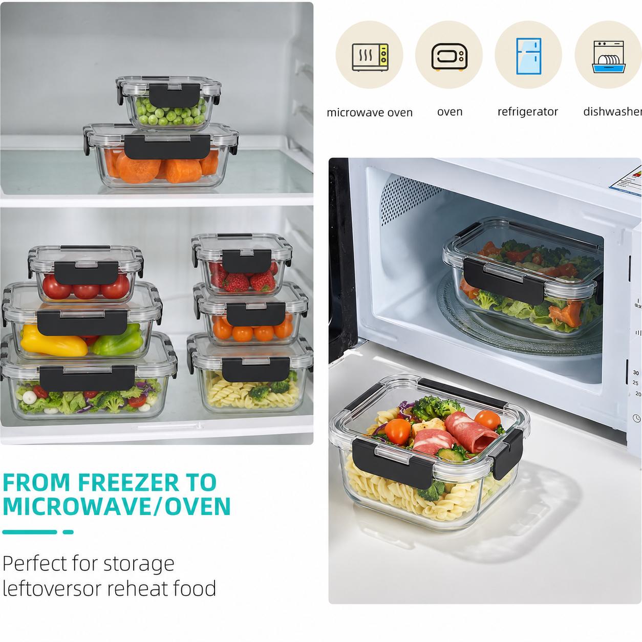 8-Piece Borosilicate Glass Food Storage Container Set, Kitchen Airtight-Lid Lunch Boxes, Stackable Square & Rectangular Meal Prep Containers, Microwave & Freezer Safe 8-Piece Borosilicate Glass Food Storage Container Set, Kitchen Airtight-Lid Lunch Boxes, Stackable Square & Rectangular Meal Prep Containers, Microwave & Freezer Safe