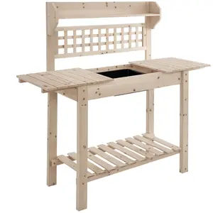 Outdoor Potting Bench Table, Wooden Workstation with Sliding Tabletop, Storage Shelf and Dry Sink, for Greenhouse, Garden, Patio, Natural