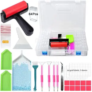 Diamond Painting Tool Set Professional Edition, 64-Compartment Storage Box, Wheel Presser, Multi-Function Corrector, DIY Accessories Craft Kit