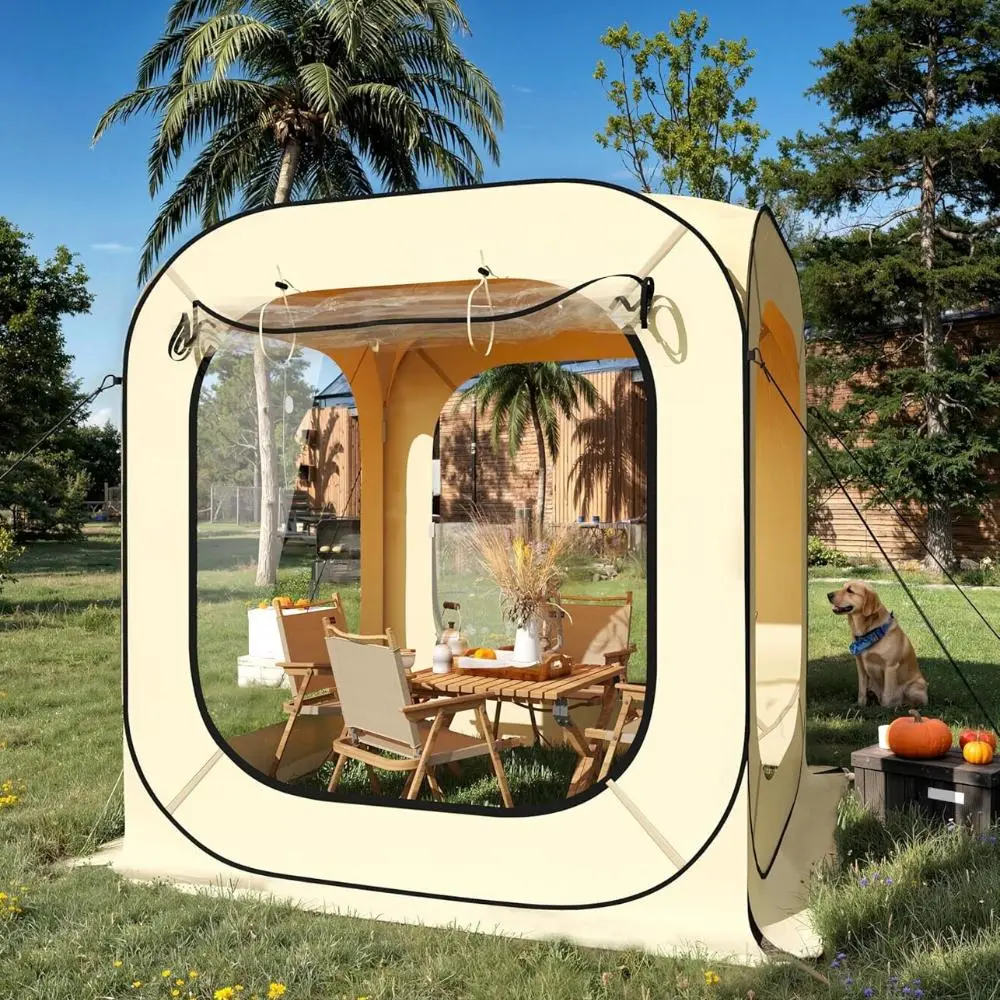 All-Weather Arch-Top Pop Up Tent - 6x6 ft Steel Frame TPU Fabric Instant Outdoor Canopy, All Seasons Spacious Fit for 2-3 Person, Windproof Rainproof Beige Shelter for Patios, Camping Setup
