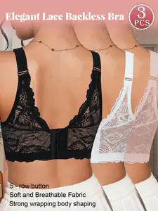 Mimilemon Women’s 3PCS Push-Up Bra Set - Full Coverage Minimizer Longline Bustier, Lace Backless, Soft Comfortable Elegant Breathable Nylon Lingerie, Bras for Women, Hand Wash Only (Black, White, Pink)