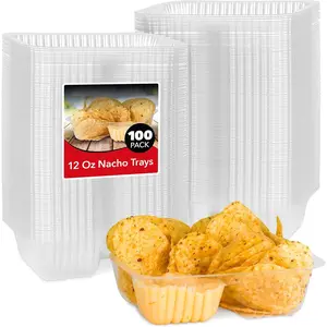 12oz Plastic Nacho Trays (100 Pack) Small Disposable Tray for Nachos & Cheese Dip, Concession Stand Supplies, Movie Night Snacks for Kids, Carnival Party Decorations, Food Boats, Snack Containers-