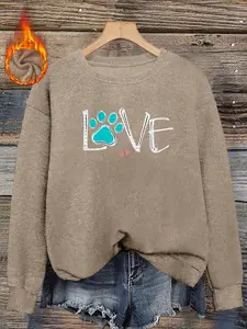 Women's Fall Winter Round Neck Faux Fur Top, Plush Warm Soft Skin-Friendly, Cute Claw Print, Love Print, Casual Long Sleeve Shirt