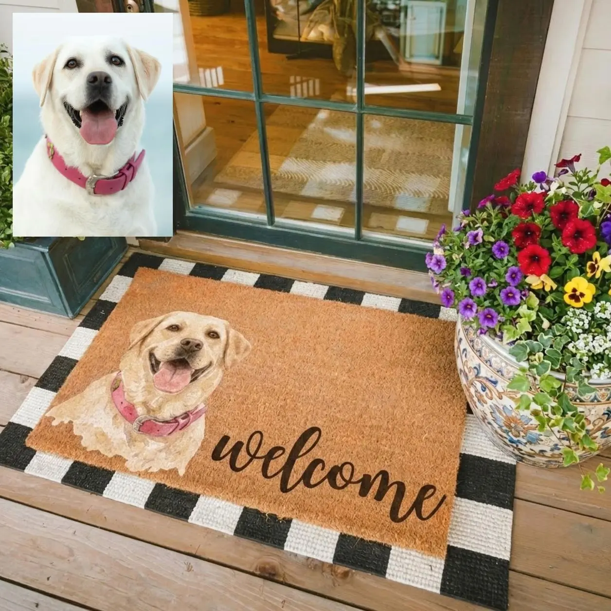 Personalized Pet Watercolor Portrait Doormat, Custom Dog Photo Welcome Mat, Cats Lover Housewarming Gift