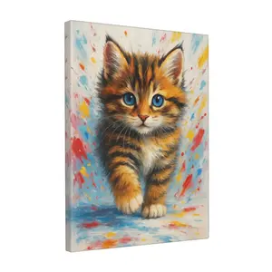 1pc,Cute Fluffy Kitten Canvas Wall Art, Vibrant Blue-Eyed Tabby Cat Painting, Playful Animal Art Print, Modern Home Decor for Living Room, Nursery & Kids Room Wall Decor.