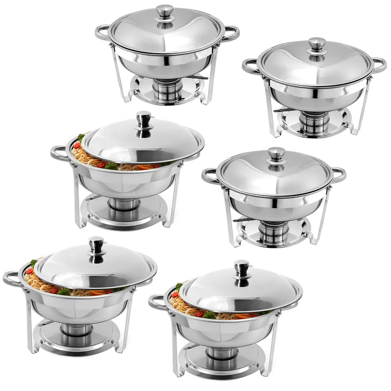 6-Pack 5QT Circular Stainless Steel Chafing Dish Buffet Set - Restaurant Food Warmer Kit with Lids, Food Pans, Water Pan, Fuel Holders for Catering, Weddings