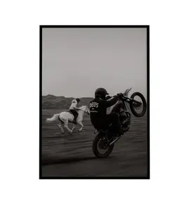 Motor Racing With a Horse, Motorcycle Retro Art Poster, Horse Racing Poster