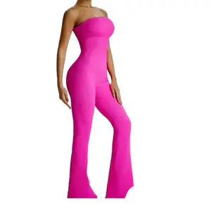 Women's Solid Bell Bottom Sports Tube Tummy Control Jumpsuit,  Comfortable  Bodysuit Shapewear, Sporty Ribbed Flared Leg Tube Jumpsuit for Yoga Gym Workout, Fall Jumpsuits for Women,  Athletic Wear , Womenswear, Jumpsuits for Women