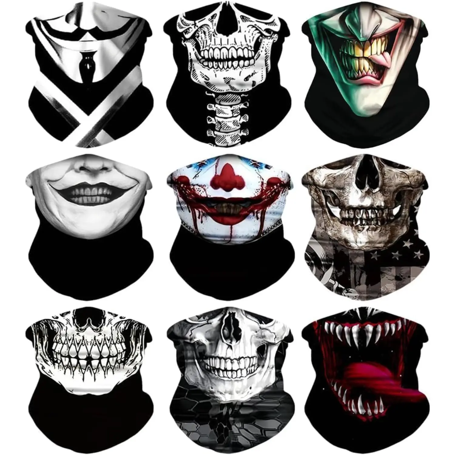 9 Pack Skeleton Neck Gaiter Face Mask Men Women Sun UV Protection Seamless Skull Bandanas Seamless Bandana Rave Face Cover Scarf Mask Outdoor Sports Mask