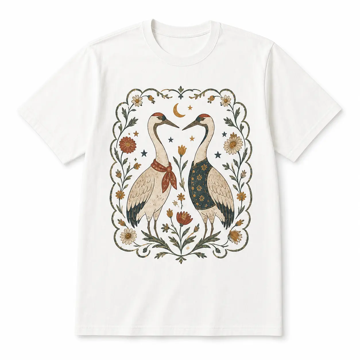 Unisex Oversized Crane Graphic T-Shirt, Vintage Botanical Floral Streetwear Tee, Casual Crewneck Short Sleeve Shirt for Men and Women