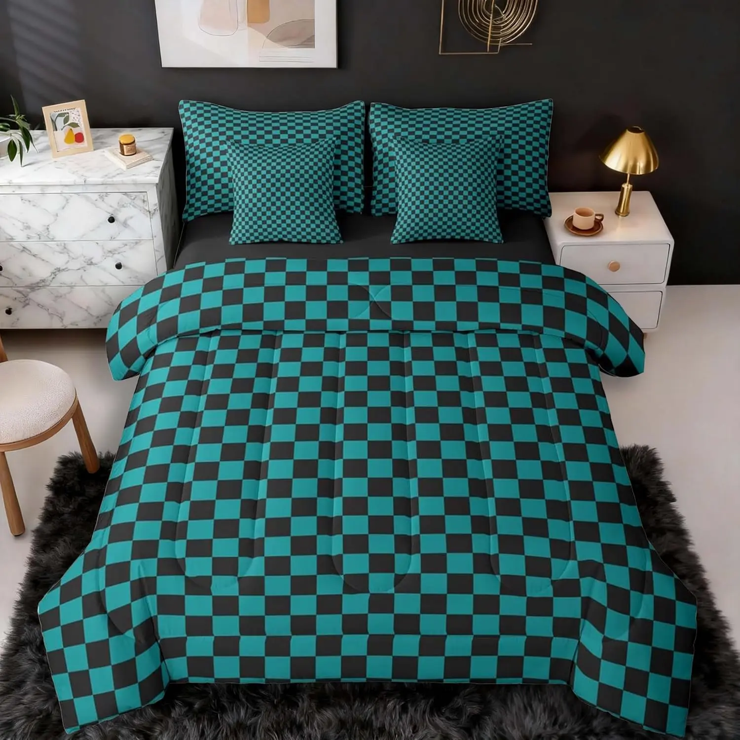 Green Black Bedding Set 7Pcs Kids Plaid Checkered Comforter Set with Sheets for Boys Girls Classic Grid Buffalo Check Bed in a Bag Soft Lightweight,Microfiber