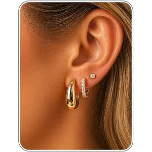 Gold Earring Stack for Women, 3 Pairs 14K Gold Plated Small Huggie Hoop & CZ Stud Earrings Set, Hypoallergenic Dainty Earrings for Multiple Piercings, Second Hole Cartilage Earrings