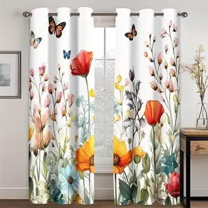 2 pieces, featuring perforated design, digital butterfly flower patterned curtains, suitable for living room, closet, bedroom, study, dining room and home decoration.