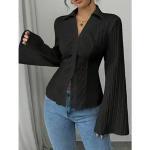 1pc Women's French Style White V-Neck Collared Shirt, Cinched Waist Elegant Blouse, Autumn