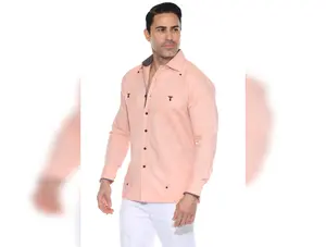 Men’s Long Sleeve Linen Guayabera Shirt with Printed Trim