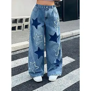 [School Ready] Girls' Y2K Star-Patterned Wide-Leg Jeans - Comfy Loose Fit Denim with Elastic Waistband, Versatile for Al Blue Pocket Wideleg Womenswear Bottom Embroidered