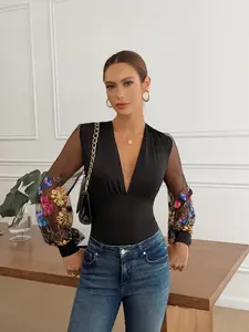 Sexy Deep V One-Piece Dress for Women, Long Sleeve Floral Embroidered Lace Tight Fit Slim Jumpsuit, Fashionable, Aesthetic and Stylish, Bodysuits, Embroidery, Womenswear