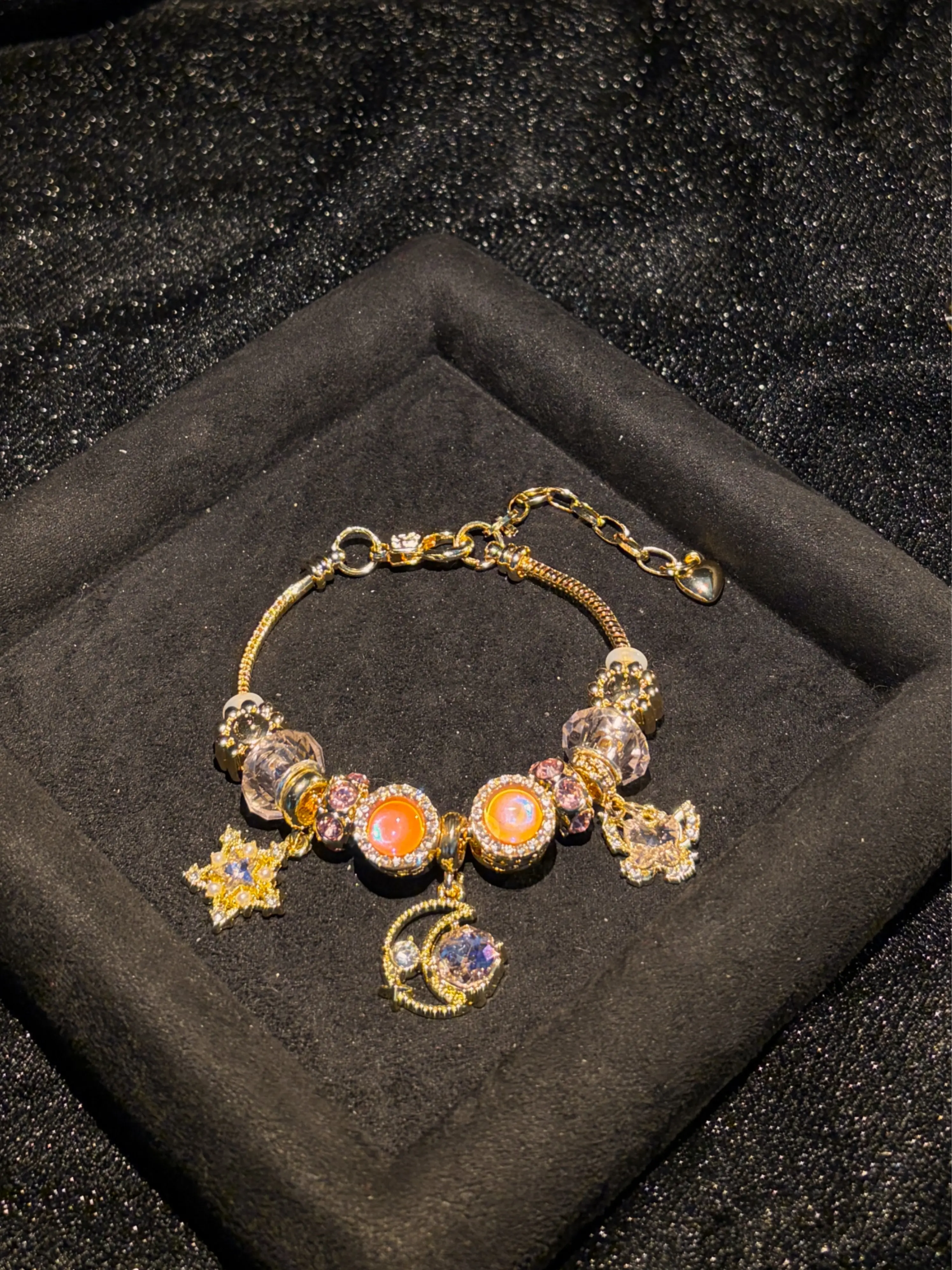 Gold Tone Moon Star Charm Bracelet, Sparkly Crystal Beads Dangle Bracelet for Women Jewelry Gift