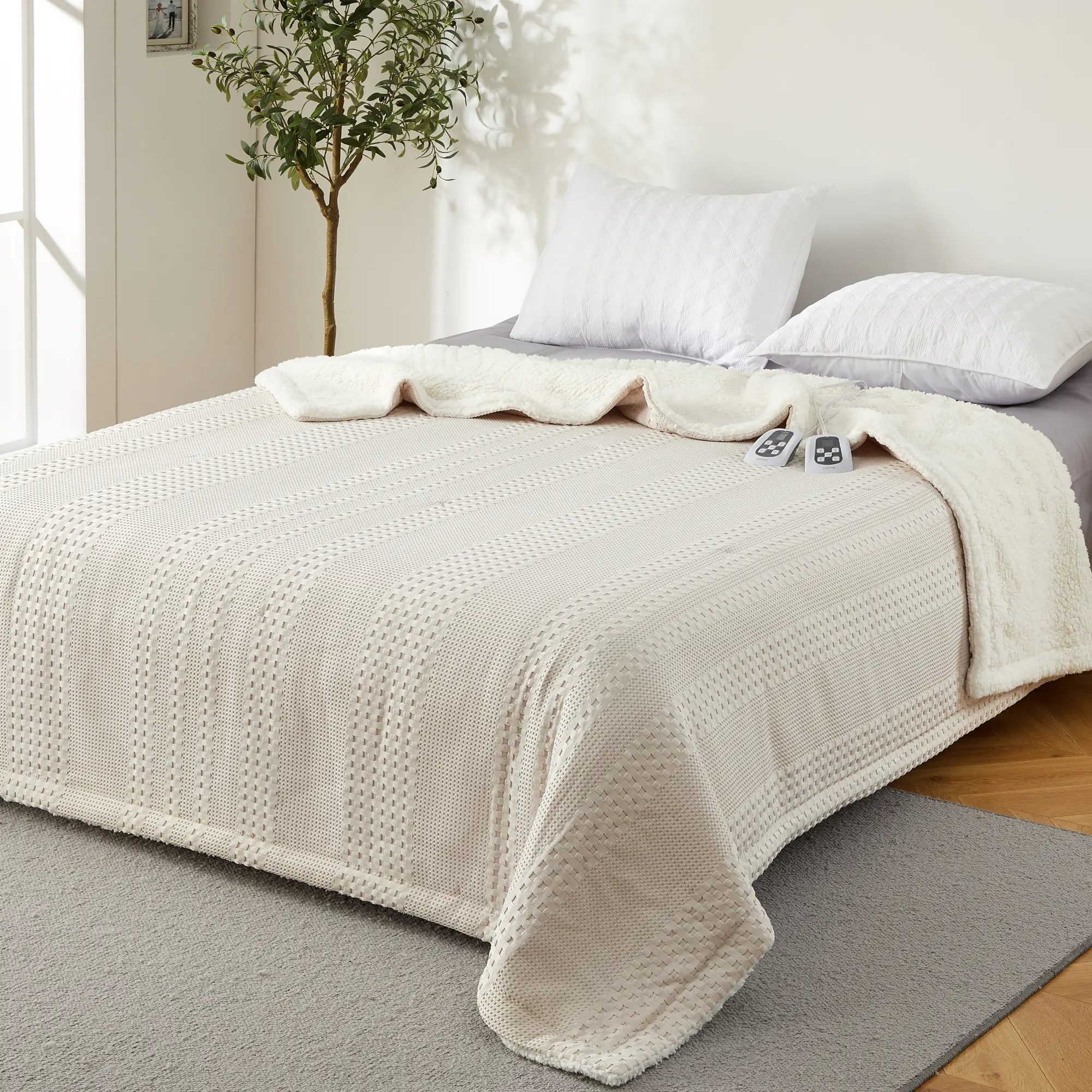 Garvee Heated Blanket Electric King Size 90x100 Dual Control Waffle Weave Sherpa Heating Throw With 9 Heat Levels And Auto Off Timer