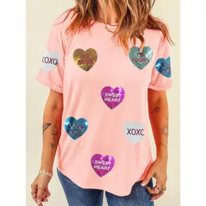 Valentine’s Day Sequin Heart Round Neck Short Sleeve T-Shirt