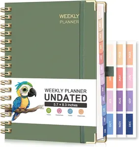 Undated Planner, Weekly and Monthly, 53 Weeks and 12 Months, Medium Size (5.7" x 8.3"), 24 Self-adhesive Monthly Tabs, Hardcover, 100 GSM Thick Paper, Spiral-bound (Light Green)
