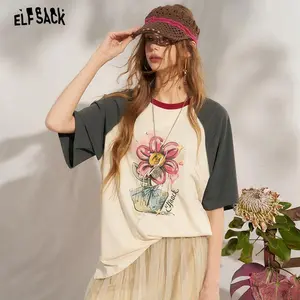 ELFSACK Women's Casual Flower Print Raglan T-Shirt, Colorblock Oversized Top, Retro Streetwear Knit Tee