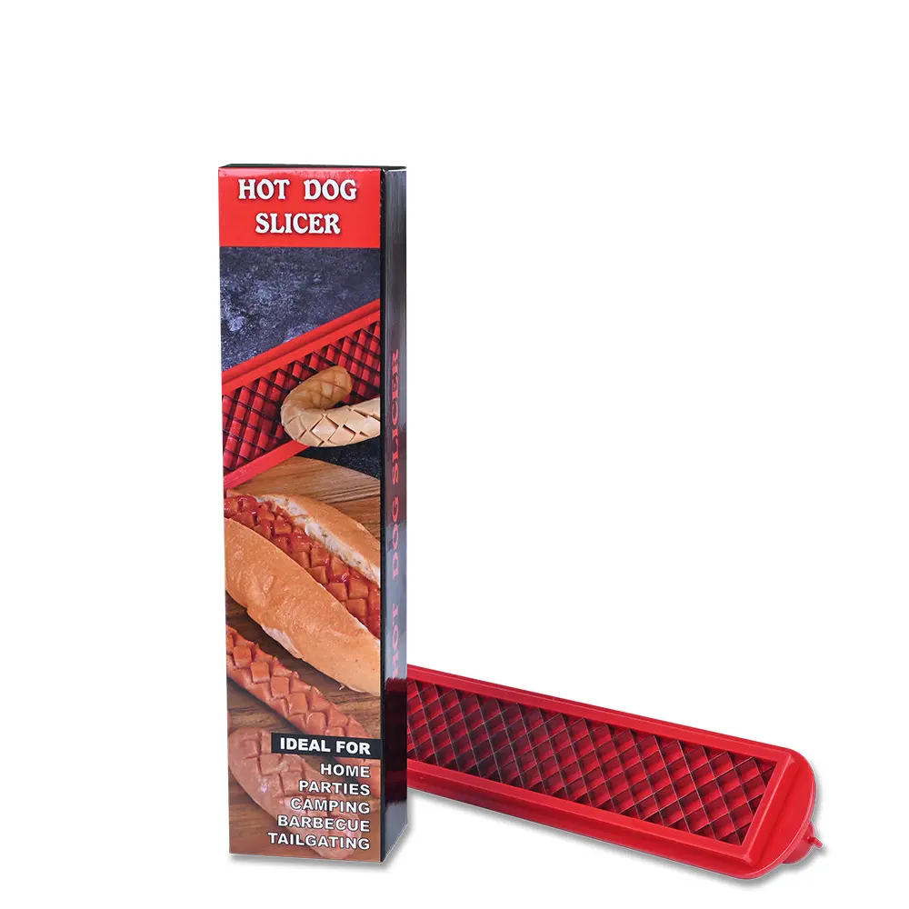 Hot Dog Slicer with Criss Cross Cut, Red Stainless Steel Blade & One-Touch Release, Compact Stylish Kitchen Tool, Dishwasher Safe Utensil for BBQ, Grilling, Picnics and Backyard Outdoor Cooking