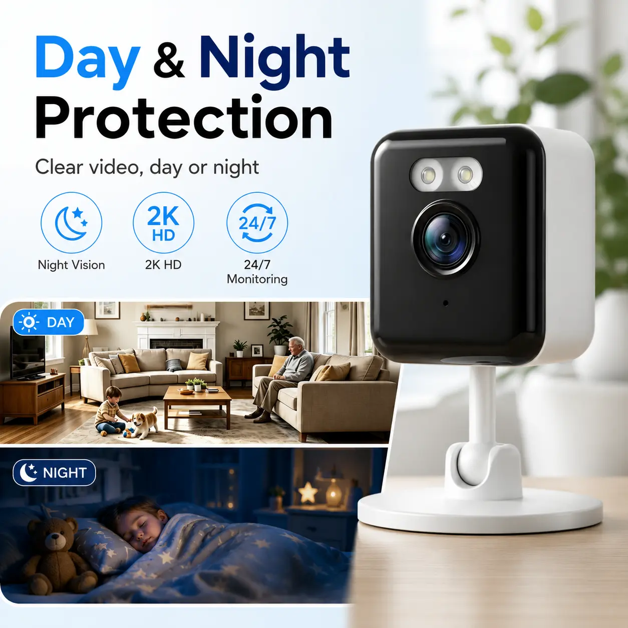 Instavision Indoor Home Camera, 2K WiFi Monitoring Camera for Baby, Pets and Family with Phone Alerts