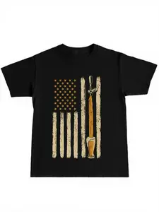 American Flag Beer Tap T-Shirt, Patriotic Comfortable Colorful Tee, Men's Loose Fit Graphic Print, Summer Casual Breathable Short Sleeve